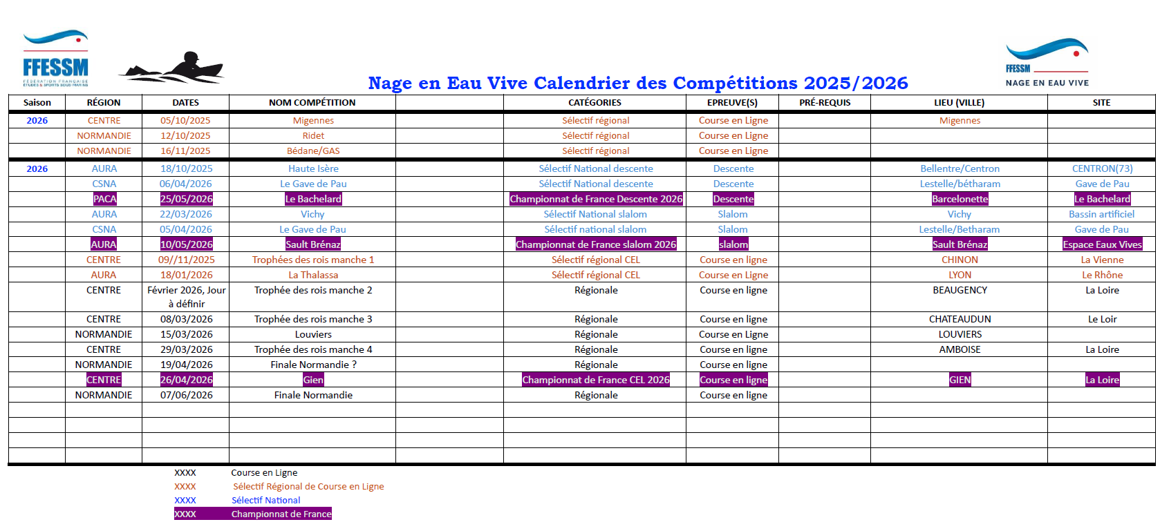 Calendrier prévisionnel compétitions NEV 2025-2026